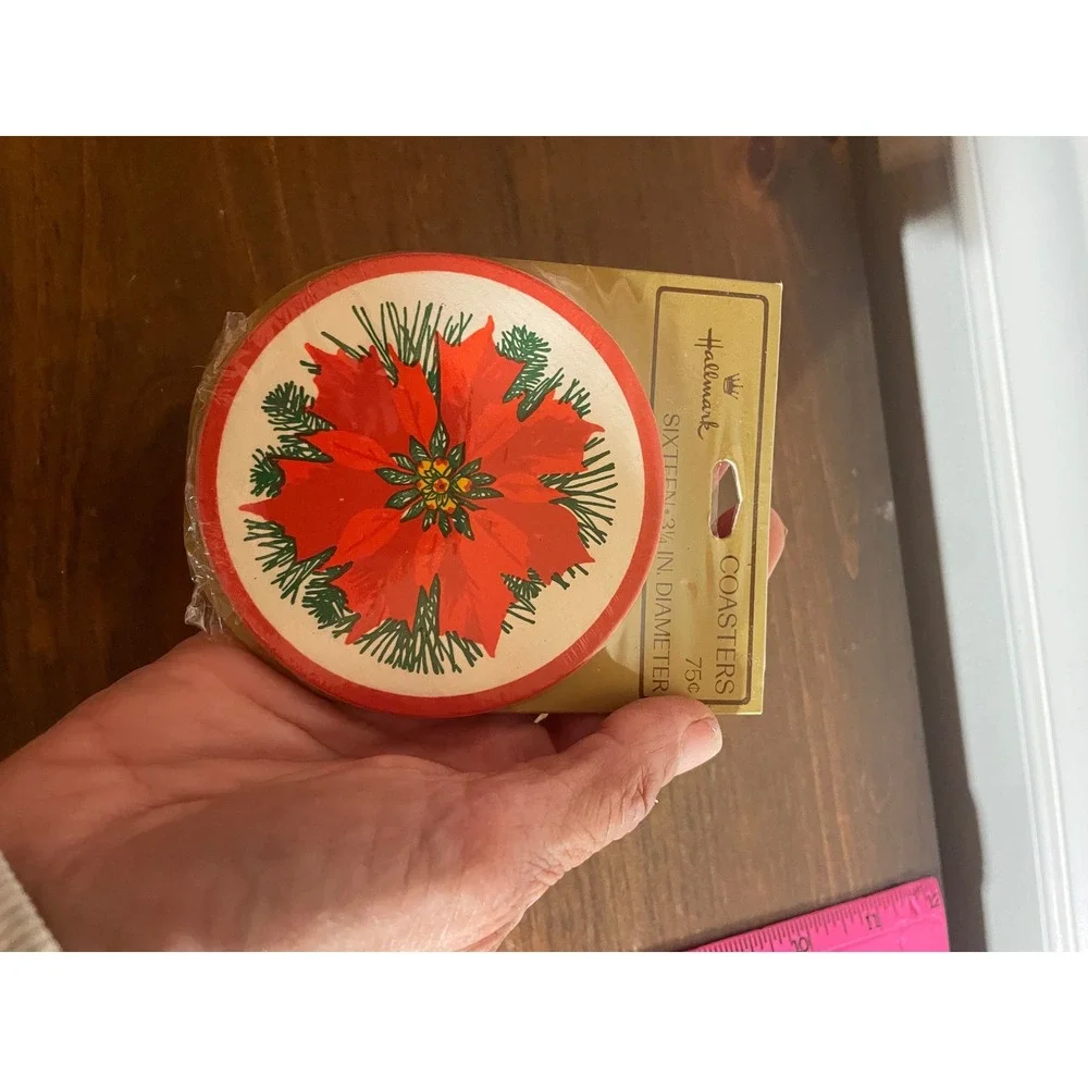 Vintage Hallmark Christmas Coasters Poinsettia Red Green Paper Set of 16 New